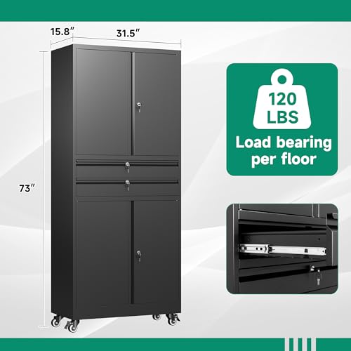 Letaya Metal Garage Storage Cabinet with Drawer,4 Door Tool Cabinet with Lock-2 Adjustable Shelves for Garage Home Office Utility Room (Black)