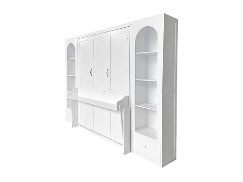 Queen Size Murphy Bed with Desk & Charging Station,Wall Bed Frame Folding into Cabinet Design w/LED & Storage Shelf for Small Space,Bedroom