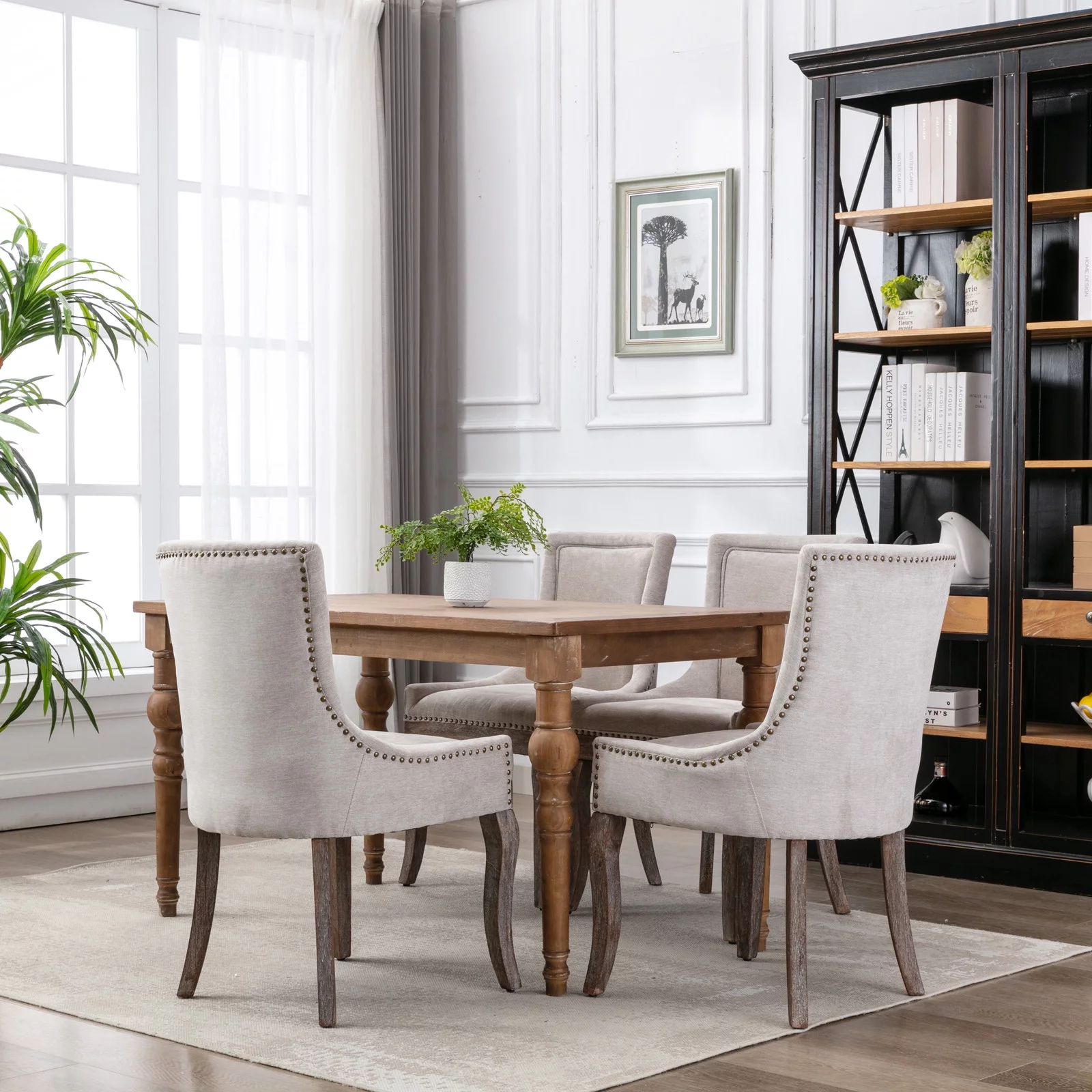 Elegant Button Tufted Side Dining Chairs, High-end Thickened Fabric Dining Chairs with Bronze Nail head