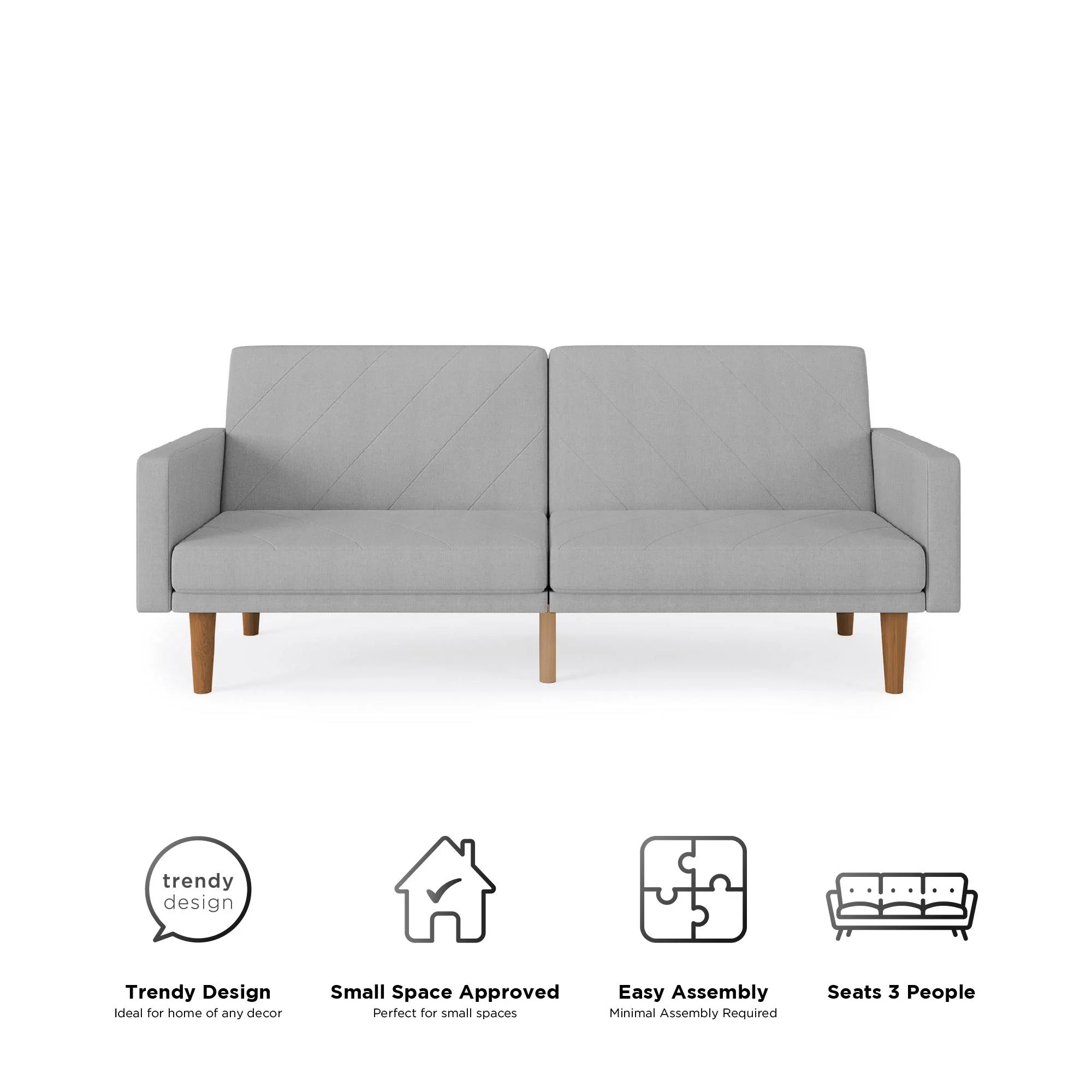 DHP Paxson Futon with USB Port, Convertible Sofa Bed, Light Gray Linen