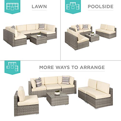 Best Choice Products 7-Piece Modular Outdoor Sectional Wicker Patio Conversation Set w/ 2 Pillows, Coffee Table, Cover Included - Gray/Navy