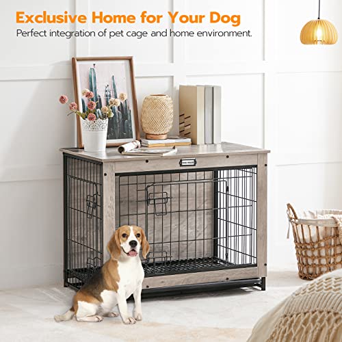HOOBRO Dog Crate Furniture, 38.6" Large Dog Kennel Indoor, Wooden Cage with Pull-Out Tray