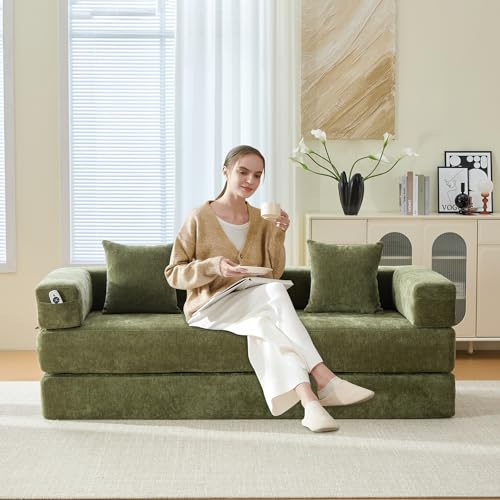 Convertible Sleeper Sofa Bed with Cylindrical Pillow, Corduroy Folding Mattress Couch with Fixed-Shape Frame