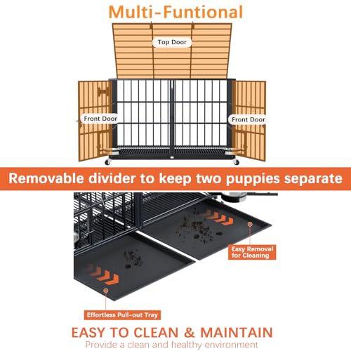 aboxoo 42/48 inch Heavy Duty Metal Dog Crate for 2 Dogs/Large Dog,All Metal Open Top,Dog Kennel Indoor with Wheels,Floor Grid, Tray