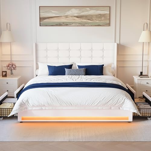 Queen Size LED Bed Frame with 4 Storage Drawers and Tufted Headboard Velvet Upholstered Platform Bed Frame Wingback Beds with Heavy Duty Wood Slats
