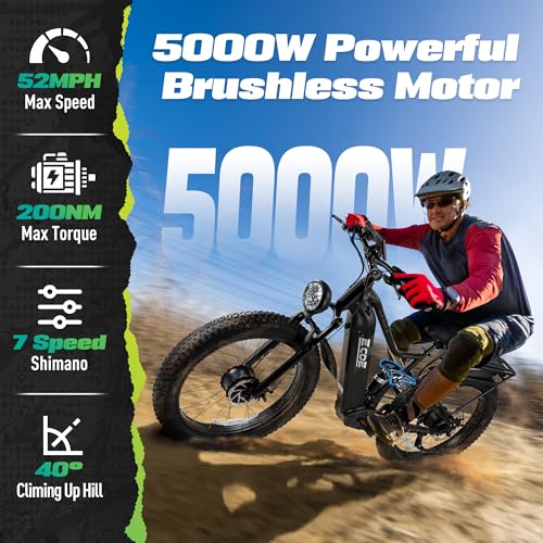 5000W Dual Motor Electric Bike for Adults 52MPH with 60V 32AH Battery, 26x4 Fat Tire All Terrain Ebikes, Full Suspension E Bike