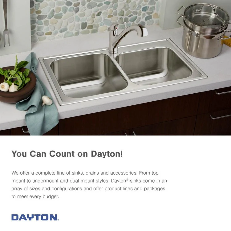 Kitchen Sink Dayton 33 x 22 Inch Double Bowl Equal 4 Hole Satin Drop-In 7 Inch