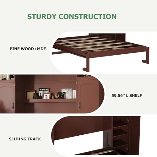 Polib Full Size Murphy Bed with Two Wardrobes and Storage Shelf, Space-Saving Wall Cabinet Bed with Foldable Platform Bedframe for Small Bedrooms