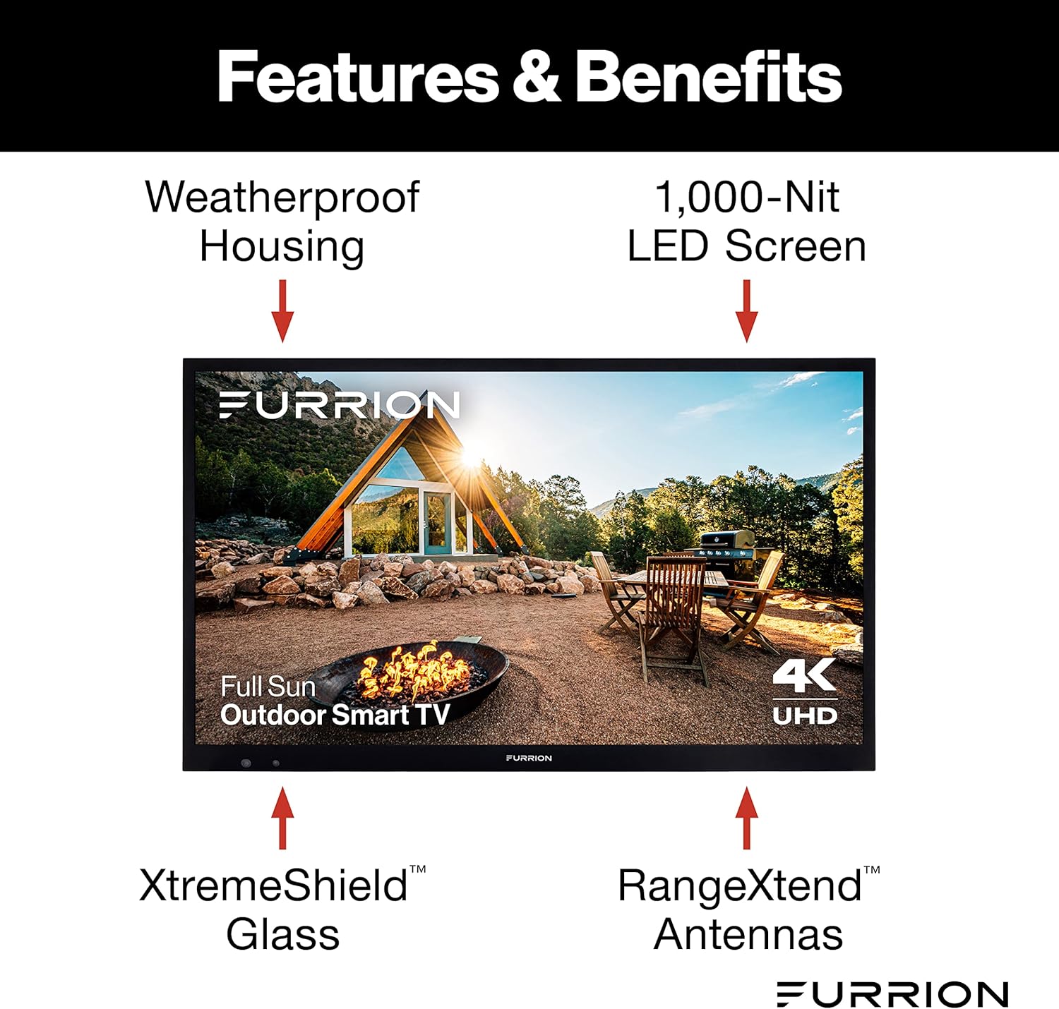 Aurora 65-Inch Full-Sun 4K LED Outdoor Smart TV - Weatherproof HDR10 LED Outdoor Television with Anti-Glare, 1000-Nit LED Screen, Tempered Glass