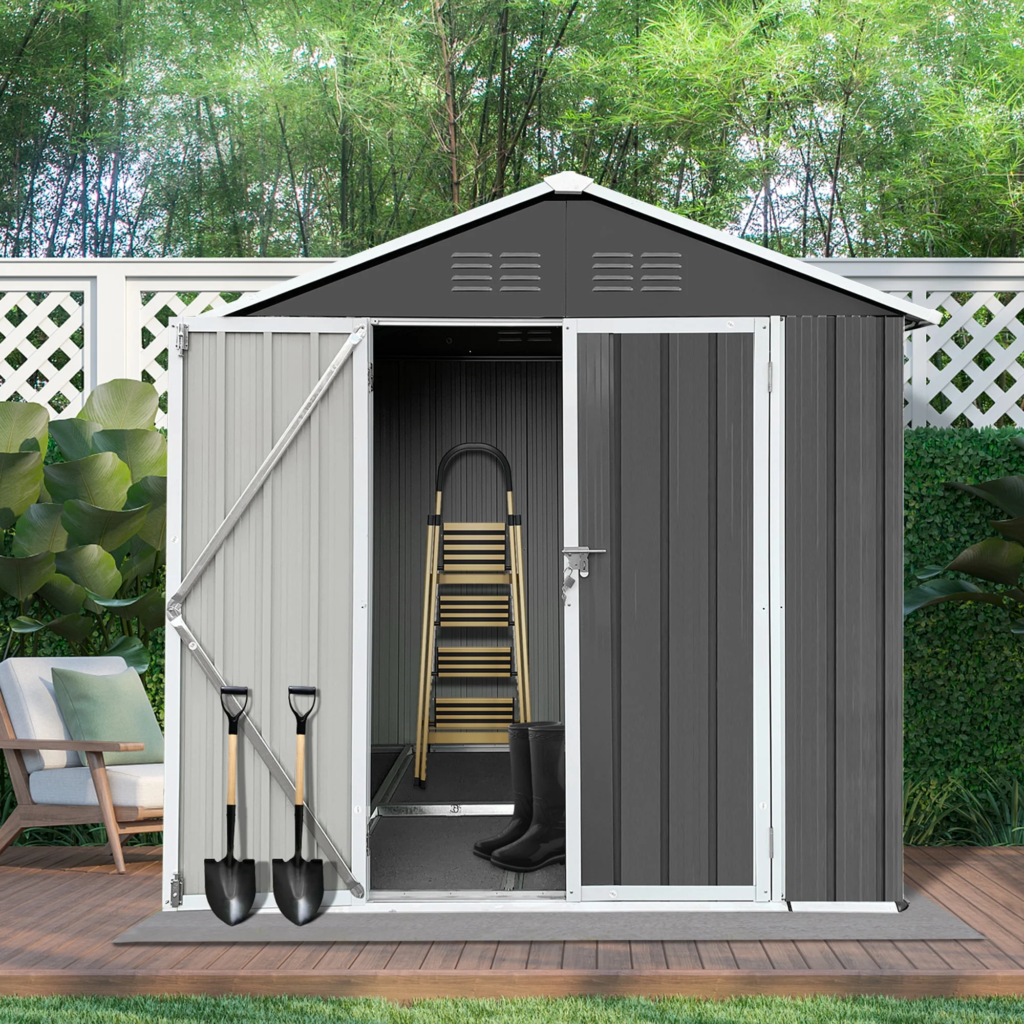 6' x 4' Outdoor Metal Storage Shed, Tools Storage Shed, Galvanized Steel Garden Shed with Lockable Doors, House Outdoor Storage Shed for Backyard