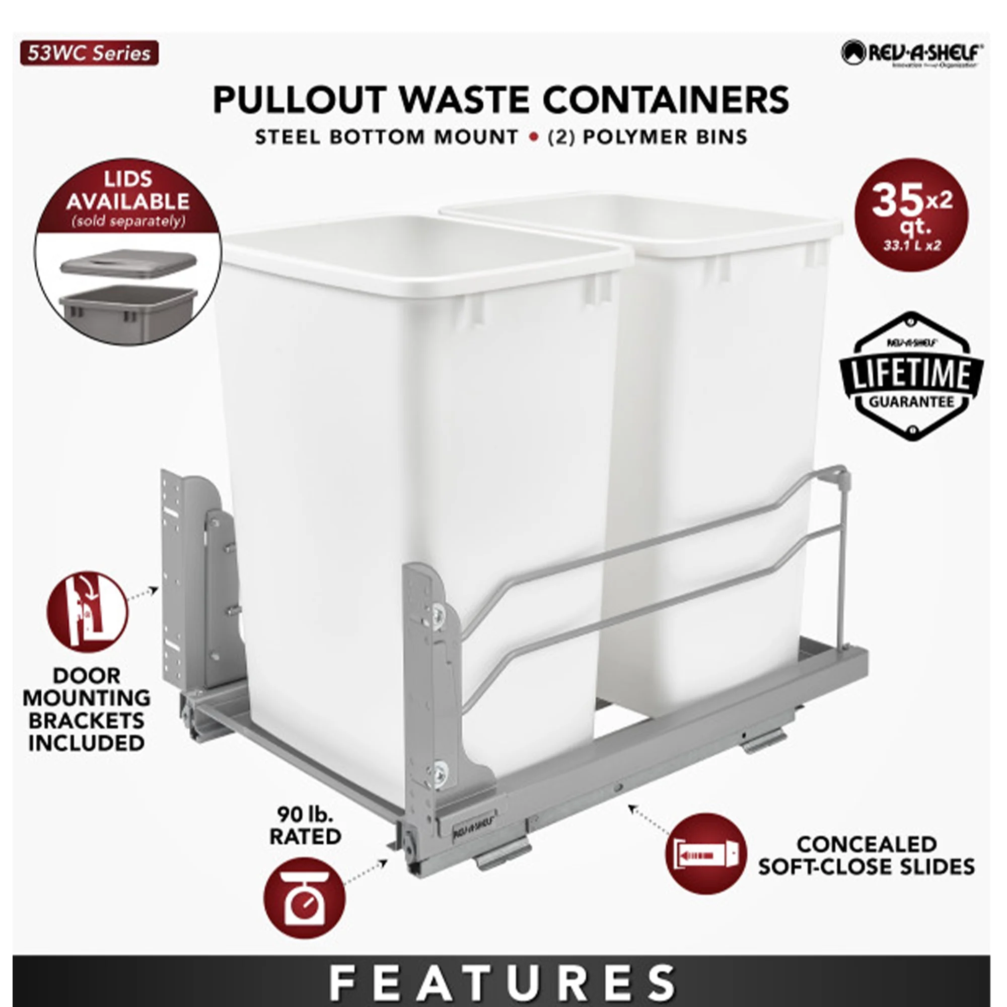 Rev-A-Shelf 35 Quart Pullout Waste Container Trash Can w/ Soft Close Slides