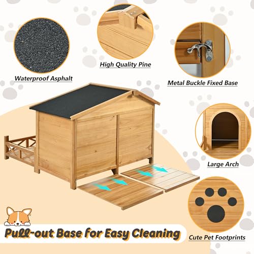 Outdoor Wooden Dog House,Waterproof Kennel with Deck and Sloped Roof,High Stability Pet Dog Cage for Small/Medium Puppy