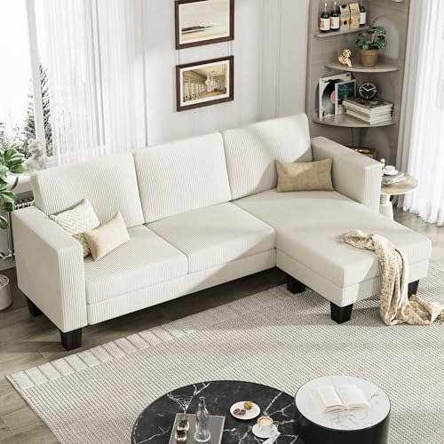 YESHOMY L-Shaped Convertible Sectional Sofa 3 Seater with Corduroy Fabric, Complete with Mobile Footrest, for Living Room, Apartment and Office, 70"
