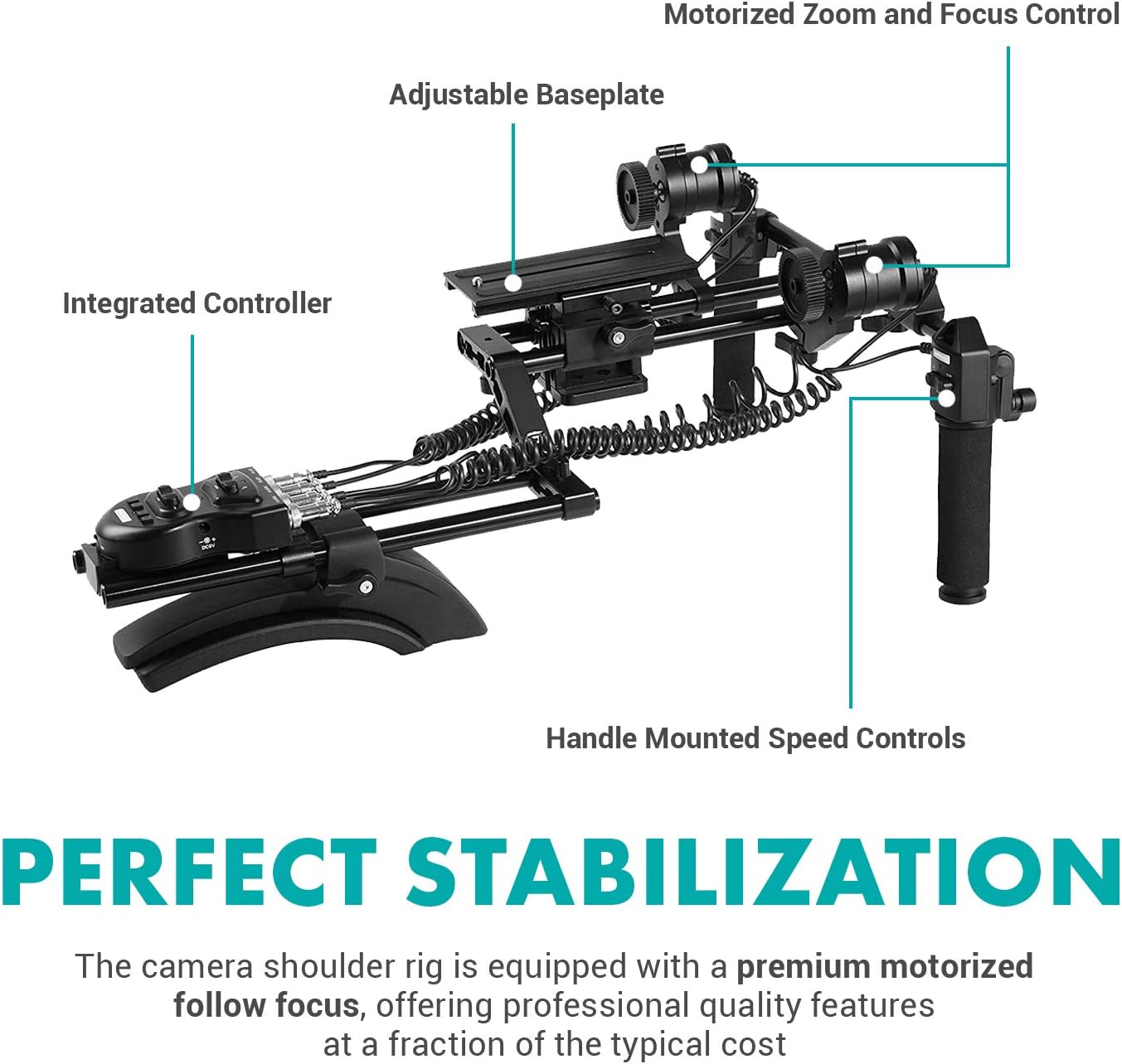 Movo/Sevenoak DSLR Shoulder Rig with Motorized Follow Focus and Zoom Control - Camera Shoulder Mount for DSLR Cameras