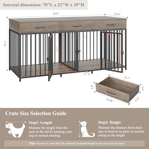 HOSTACK Double Dog Crates Furniture, 71" Wide Indoor Dog Kennel with 3 Drawers, Farmhouse Dog Cage for 2 Large/Medium Dogs