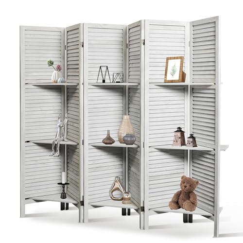 Osparple Room Divider with Shelves 6 Panel Wooden Folding Room Dividers Privacy Screen Wall Divider for Room Separation for Office and Apartment