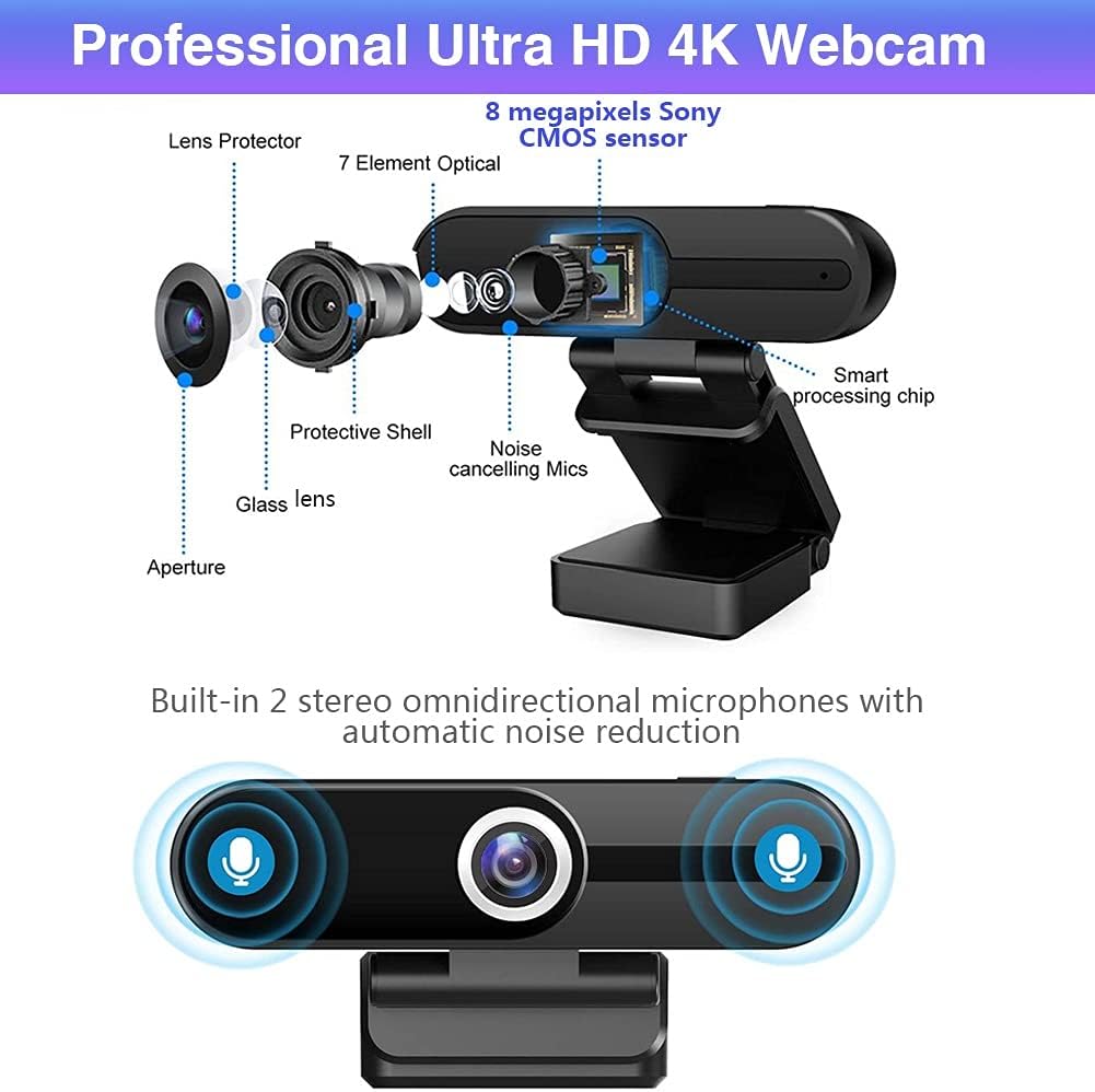 4K Webcam with Microphone,8 Megapixel Web Cam,Ultra HD Web Camera for Computers,Webcam for Laptop Desktop,USB Webcam with Privacy Cover