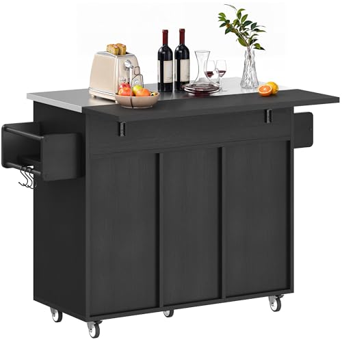 DWVO Kitchen Island on Wheels, Mobile Kitchen Island Cart with Folding Drop Leaf Breakfast Bar, Island Table for Kitchen with Large Storage Cabinets