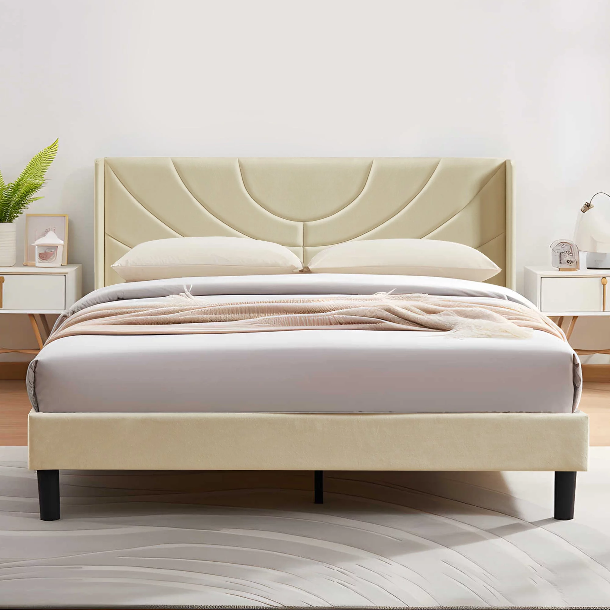 VECELO Queen Platform Bed Frame with Upholstered Headboard, Strong Wooden Slats/No Box Spring Needed, Beige