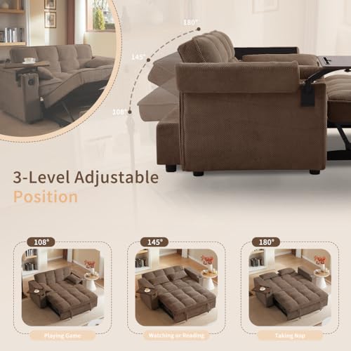 68.11" Corduroy Sleeper Chair Bed with USB Port, Cup Holders & Side Storage Pockets – 3-in-1 Foldable Sofa Bed for Guest Room, Living Room – White
