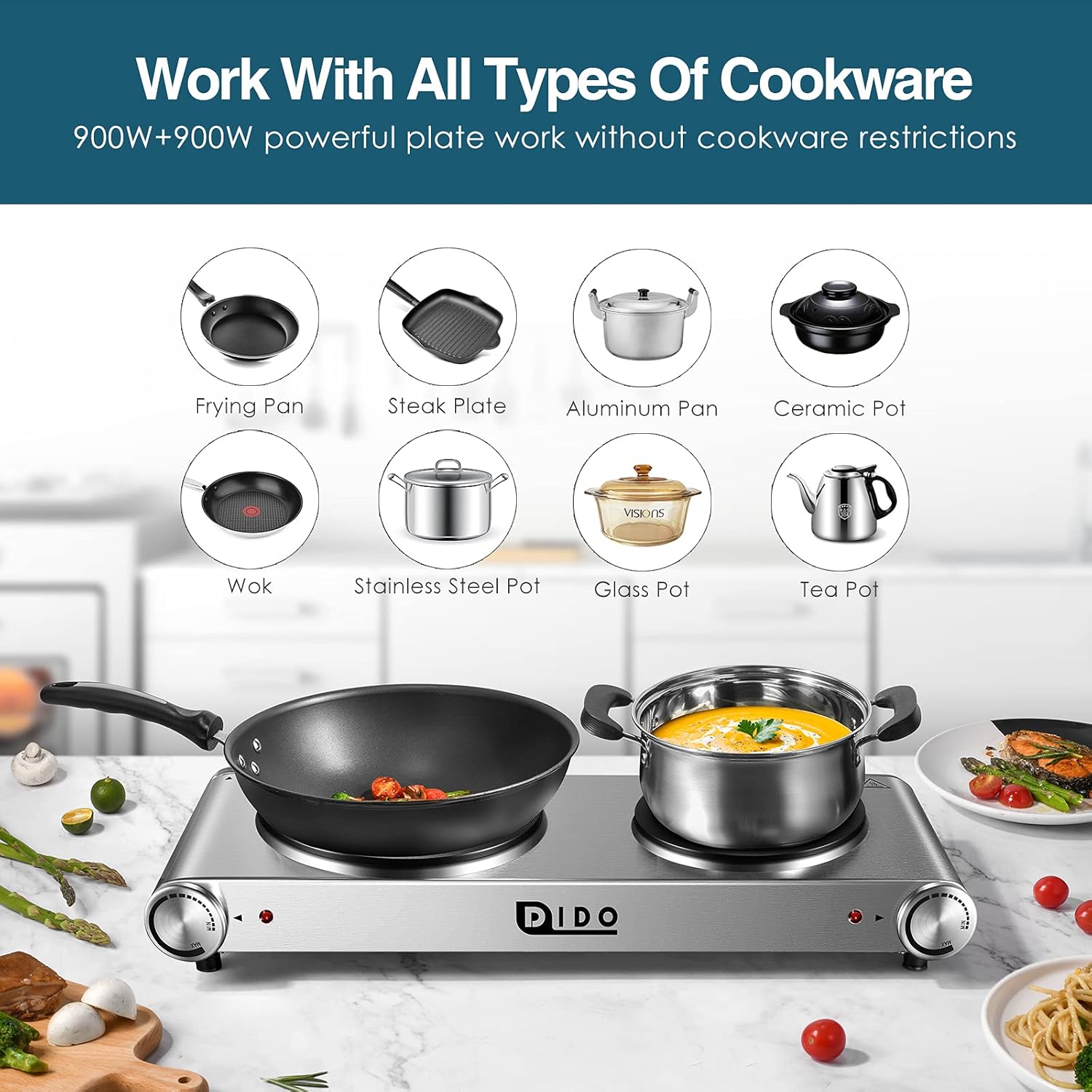 DIDO 1800W Hot Plate, Portable Electric Stove Countertop Cast-Iron Double Burner with Adjustable Temperature& Anti-Slip Feet