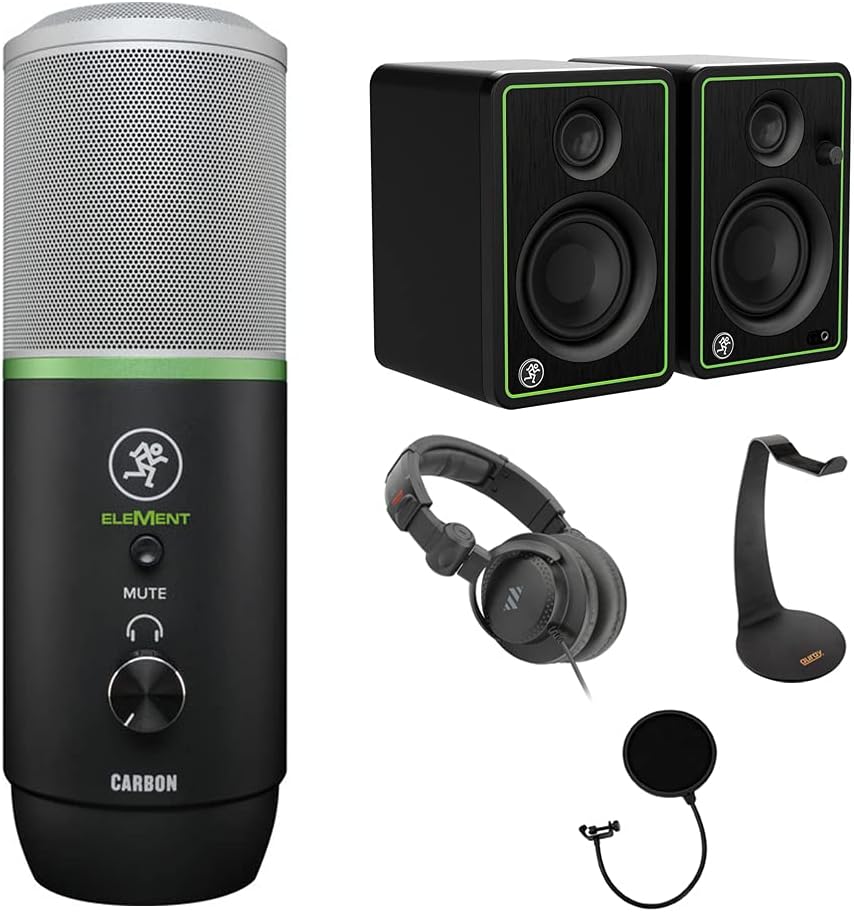 Mackie Element Series Carbon Premium USB Condenser Microphone Bundle CR3-X Multimedia Monitors (Pair), Polsen Headphone