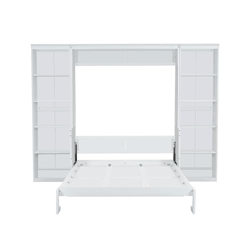SOFTSEA Full Size Murphy Bed with Desk and Shelves, 110" Solid Folable Platform Bed with Double Storage Cabinets