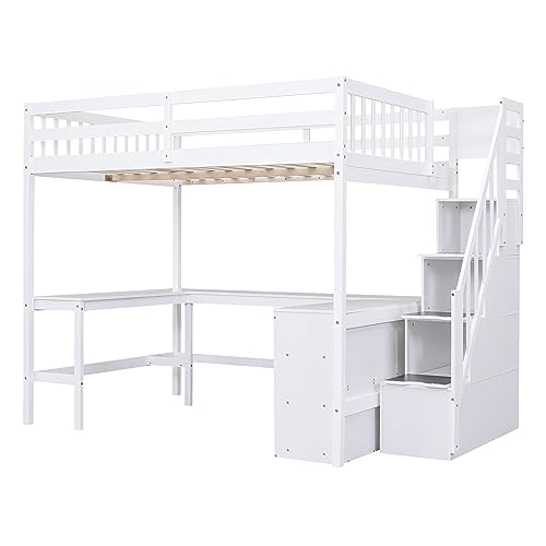 Full Size Loft Bed with Desk & Wardrobe, Solid Wood Kids Loft Bedframe w/3 Storage Drawers & 2 Shelves, Maximum Space Design, for Bedroom, Dorm, Gray