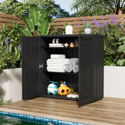 Outdoor Storage Cabinet Waterproof with Shelf,Resin Storage Sheds Outdoor Cabinets for tub towels/chemicals/grill items/Patio/Garden/Backyard