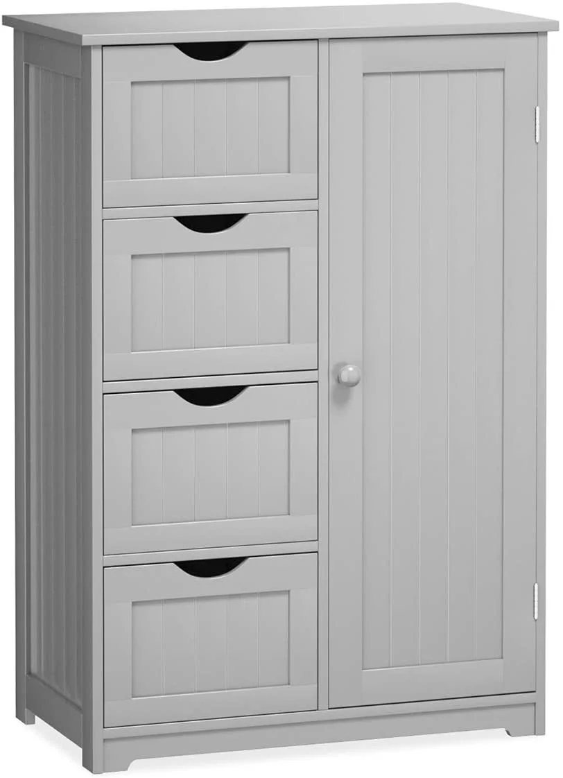 Bathroom Storage Cabinet Freestanding, Floor Cabinet with 4 Drawers & 1 Cupboard, 3-Level Adjustable Shelf & Anti-Toppling Device