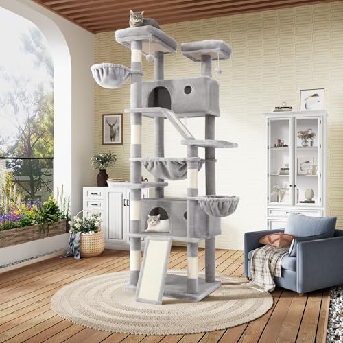 SHA CERLIN 81in Multi-Level Tall Cat Tree Tower for Indoor Kitties/Larger Cat Condo Furniture with Hammock/Cozy Pussycat Perches/Sisal Scratching