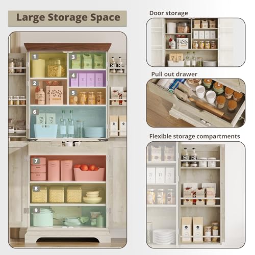 IRONCK Kitchen Pantry Cabinet 72" H, with 9 Shelves, 4 Barn Doors, Drawer, 6 Door Storage Shelves