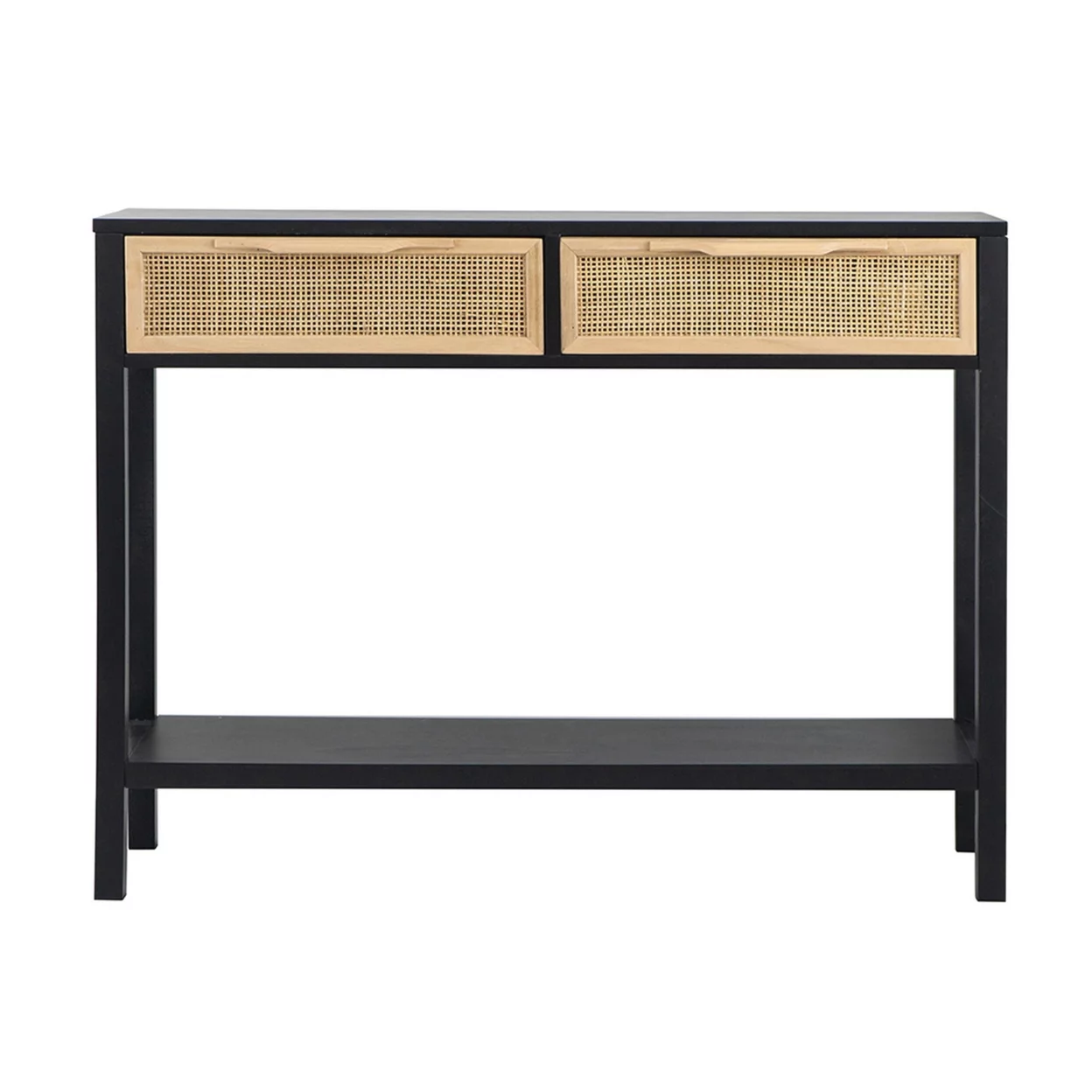 Dana 39 Inch Sofa Console Table, 2 Rattan Drawers, Black Finish, Brown- Saltoro Sherpi
