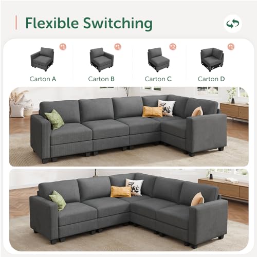 HONBAY Corduroy Modular Sectional Couch with Storage L-Shaped Sectional Couches for Living Room 6 Seater Modular Sofa, Dark Gray