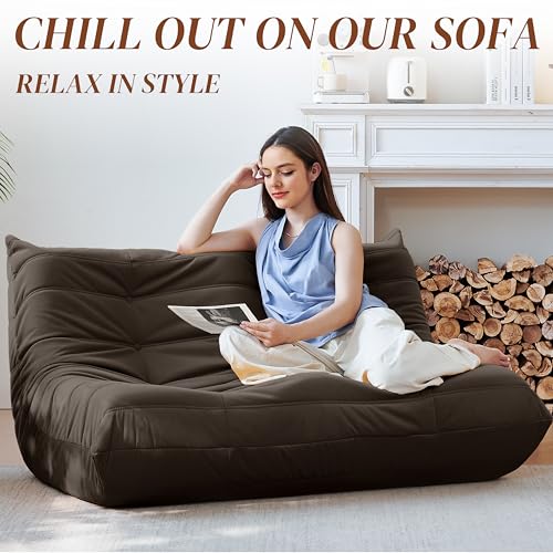 Bean Bag Chair for Adults - Suede & Microfiber Fireside Floor Chair, Comfortable Corner Lounge Sofa for Living Room, Bedroom, Office (3-Seater, Beige)