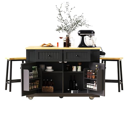 Ball & Cast 48" Large Kitchen Island with Power Outlet,Rolling Kitchen Cart on 5 Wheels W/Drop Leaf and 5 Open Side Racks
