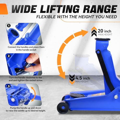 Auto Dynasty 4 Ton Low Profile Floor Jack, Heavy Duty Steel Hydraulic Car Jack with Dual Pistons Quick Lift Pump, Hydraulic Racing Floor Jack