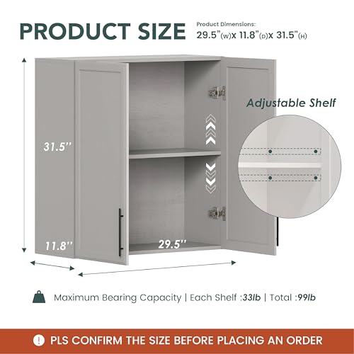 Wall Storage Cabinet - Kitchen Laundry Wall Amount Cabinet with Two Shaker Doors and Shelf, in Grey, 24'Wx2 Pcs