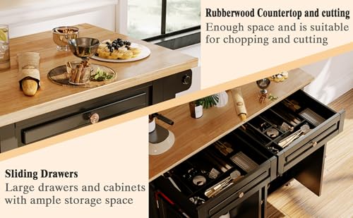 67’’ Movable Kitchen Island with Drop Leaf and Power Outlet, Lockable Sliding Countertop Rolling Island Cart with 2 Large Drawers, Spice, Towel Rack