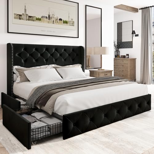 Bed Frame King Size with Storage Drawers and Tufted Headboard, Velvet Upholstered Platform Bed Wingback Bed Frame with Wood Slats
