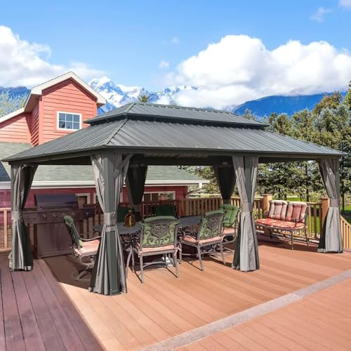 Domi 10’ x 10’ Hardtop Gazebo Metal Frame Canopy with Netting & Curtains