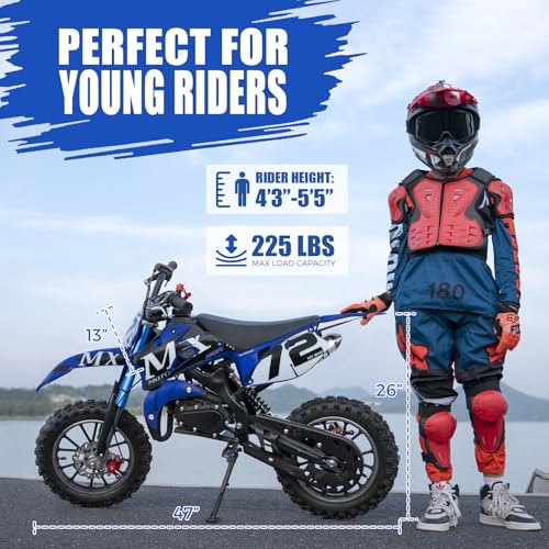 Kids Off-Road Dirt Bike 49CC 2-Stroke Gas Powered Mini Motorcycle with Front & Rear Disc Brakes, Easy Pull Start, 30 MPH Max Speed, 220 LBS Capacity