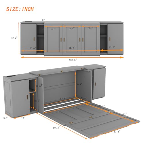 Full Size Murphy Cabinet Wall Bed With Storage and Bookcase Headboard, Solid Wood Cabinet With Shelves and USB Ports, Platform Floor for Home Office
