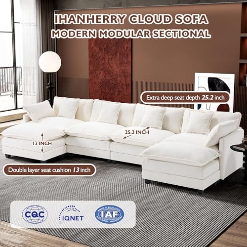 Ihanherry 111.4" U Shaped Modern Cloud Sofa Modular Sectional Couch with 2 Ottoman, 5-Seat Chenille Deep Seat Sofa with Pillow for Living Room