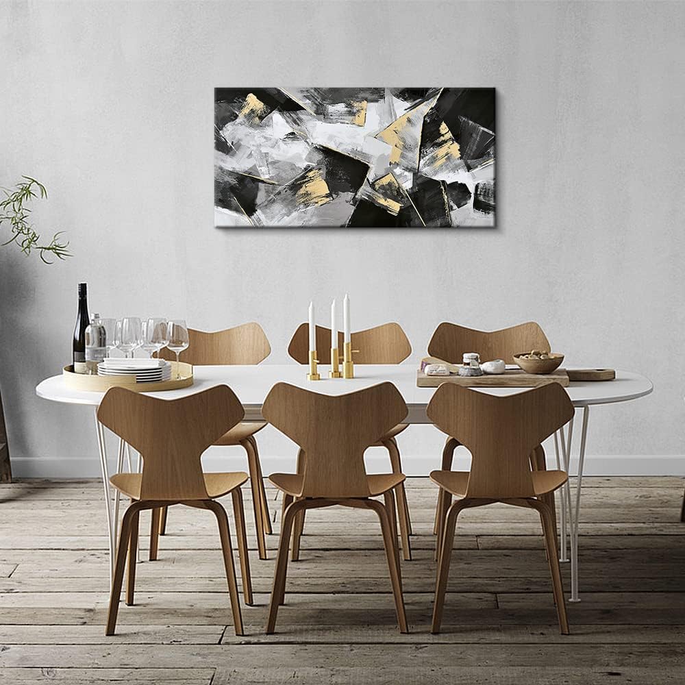 Pigort Abstract Geometry Wall Art for Living Room, Black Gold Canvas Prints Pictures Wall Decor, Modern Artworks for Home Office Decoration
