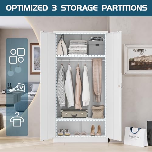 MIIIKO Steel Cabinet Wardrobe, Metal Locker Cabinet with Hanging Rod, Metal Clothing Locker Storage for Home, Office, Garage and Changing Room