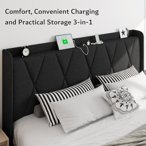 iPormis Queen Bed Frame with 4 Storage Drawers, Upholstered Platform Bed Frame with Charging Station, Modern Wingback Storage Headboard
