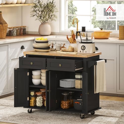 HOMCOM Kitchen Island on Wheels, Rolling Cart with Rubberwood Top, Spice Rack, Towel Rack and Drawers for Dining Room, Navy Blue
