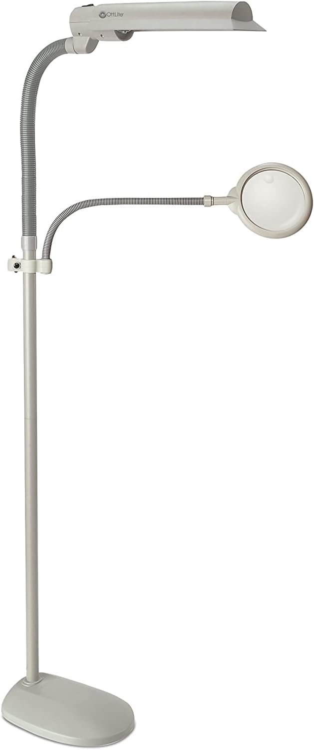OttLite 18W EasyView Floor Lamp &ndash; Optical Grade Magnifier Attachment Arm, Flexible Neck & Shade, Modern Design for Crafting, Work, Office