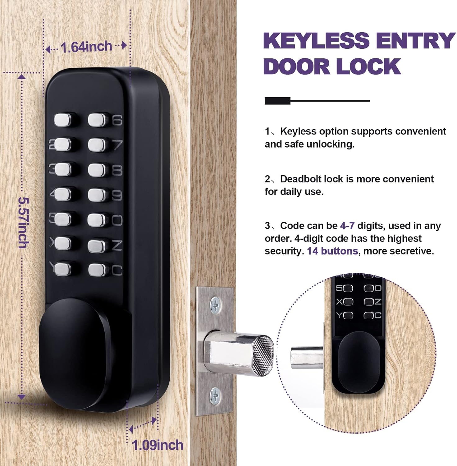 Keyless Entry Door Lock with Keypad Deadbolt, Double Sided Mechanical Keypad Latch Door Lock with Handle